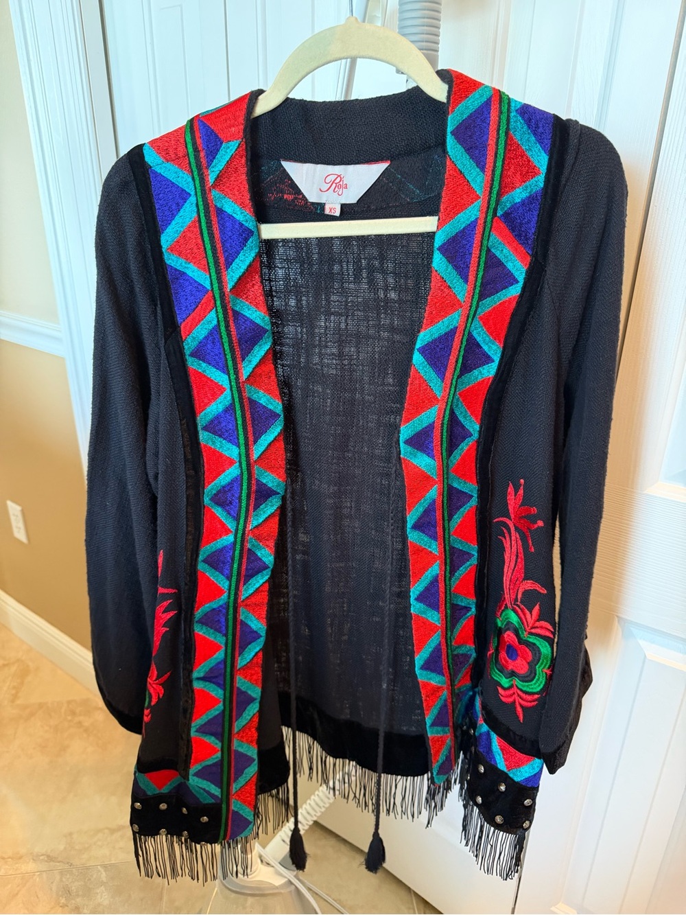 Roma Black Open-Front Embroidered Cardigan Sweater with Colorful Trim